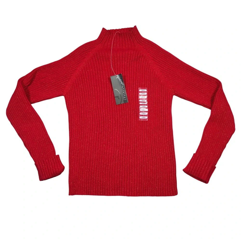 Relativity Sweater Women L‎ Red Mock Neck Metallic Ribbed Knit Cotton R4814L